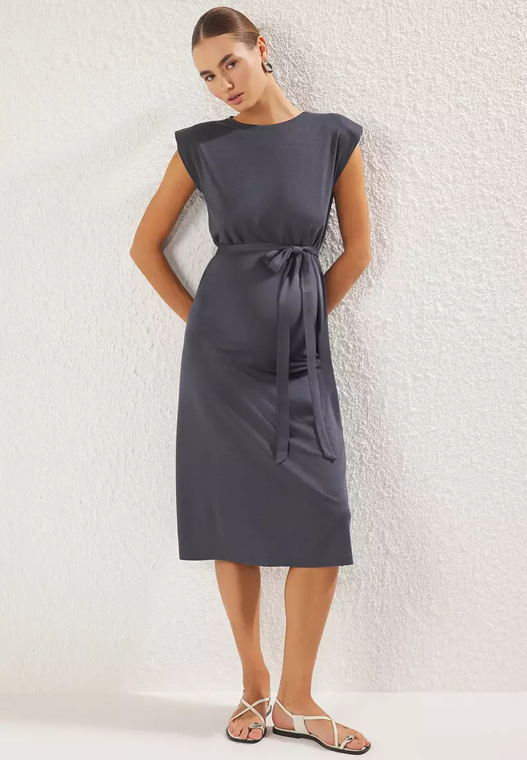 Anthracite Plain Padded Maxi Padded Crew Neck Shift/Straight Cut Knit Dress TWOSS25EL00329