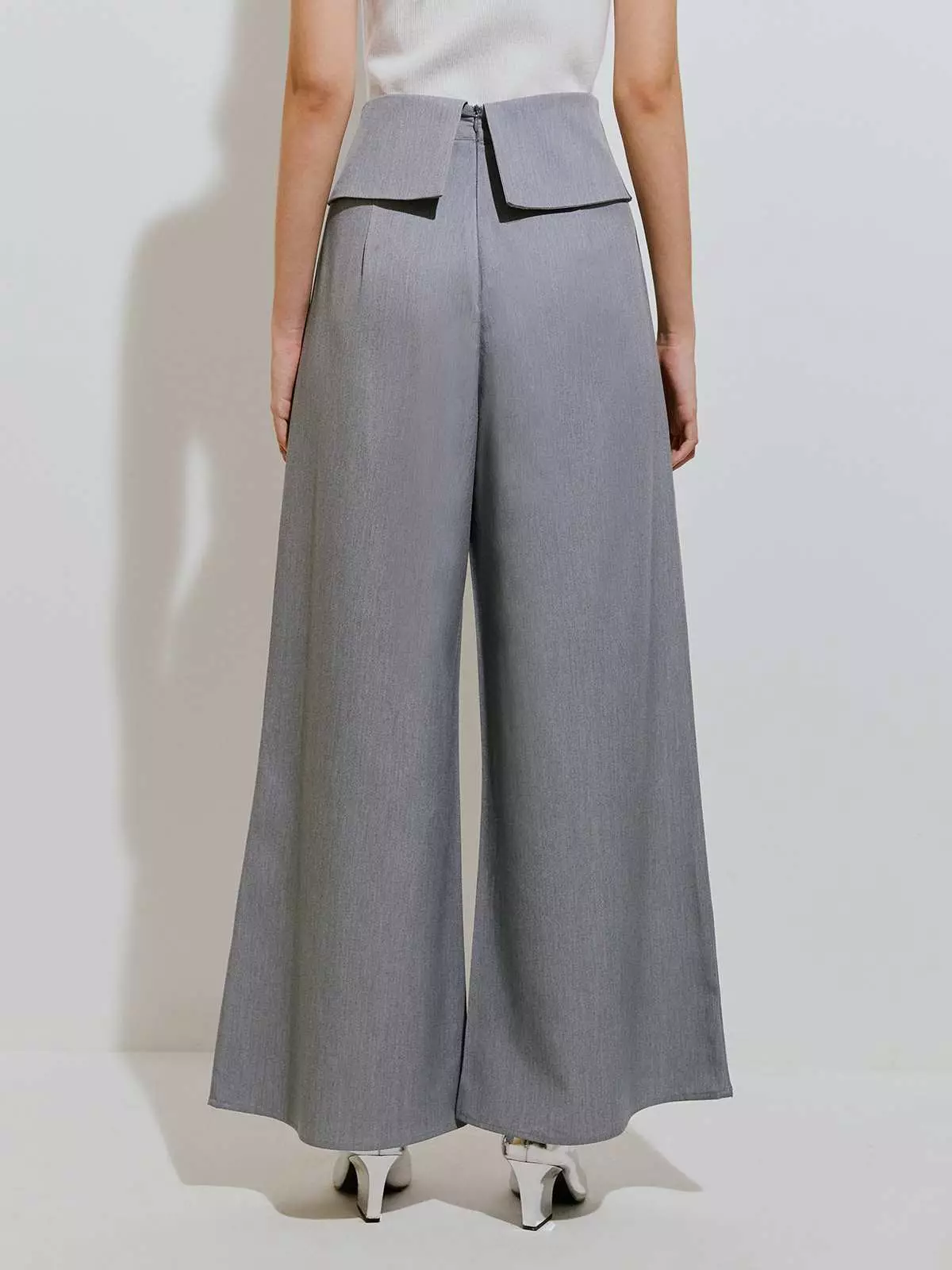 Flipped Waistband Detail Flared Pants - Mid Grey