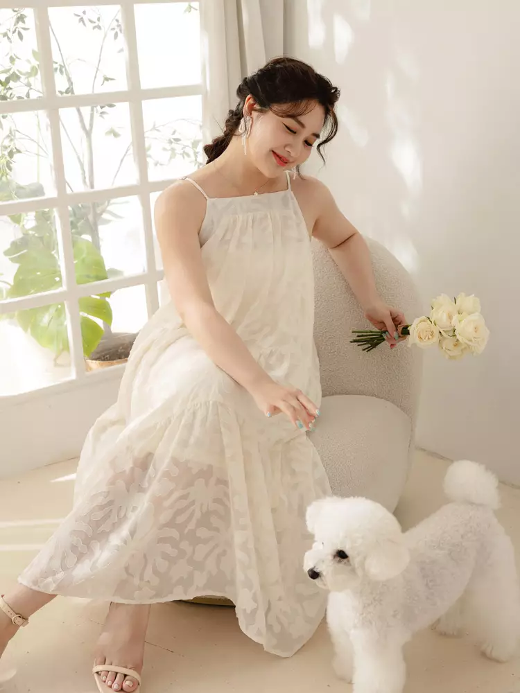 OBSTYLE Lace jacquard spaghetti strap long dress [DA10078] 2026