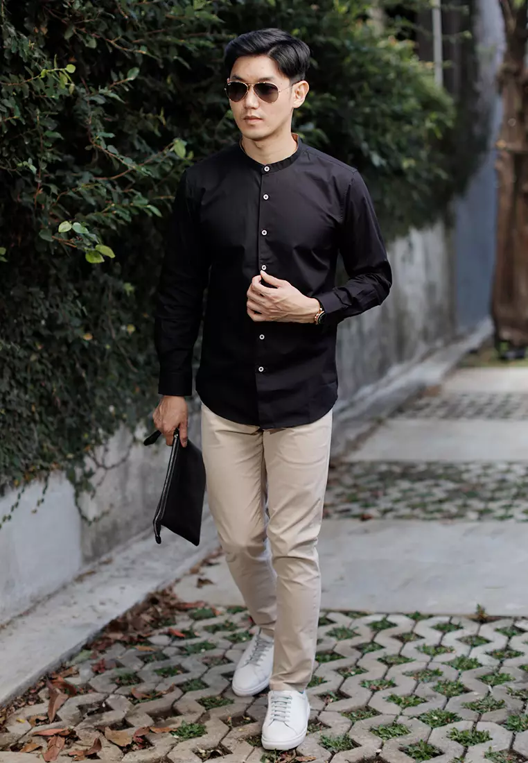 Kemeja tangan panjang Collarless koko cotton oxcon black