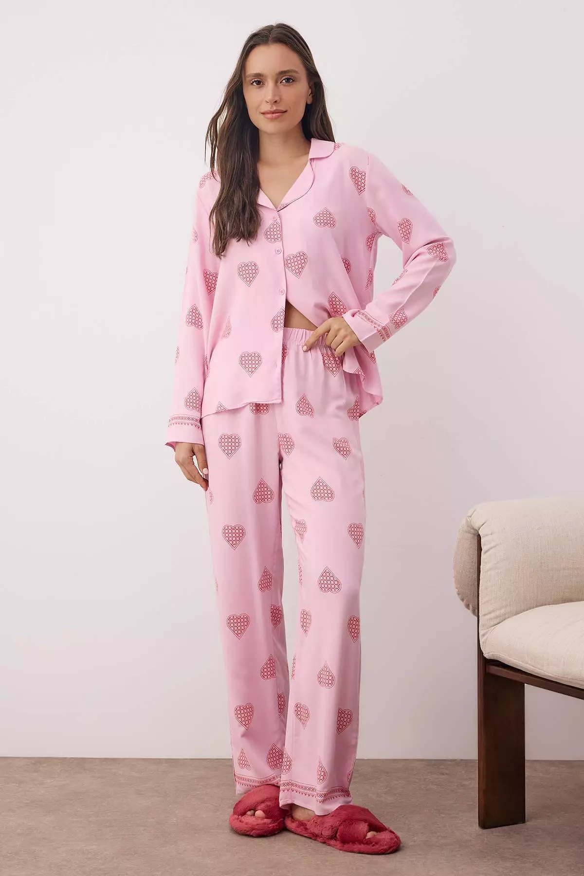 Pink 100% Cotton Heart Woven Pajama Set Thmaw26Pt00025