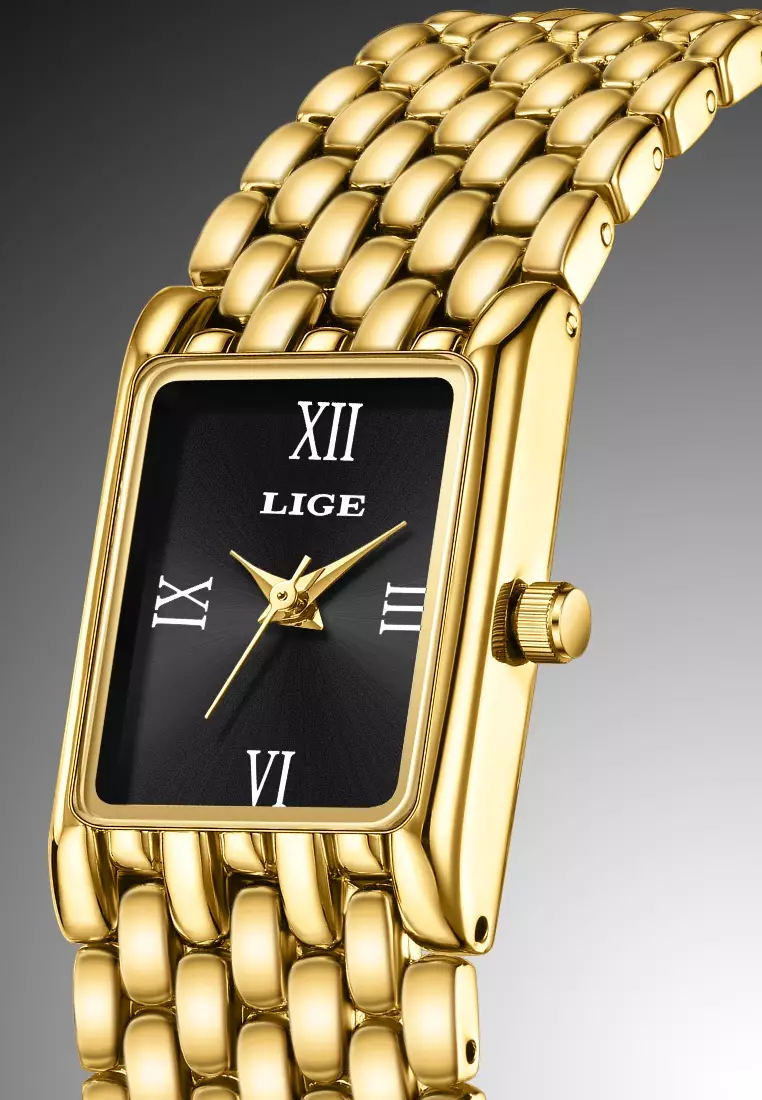 Ladies Rectangular Quartz Watch, 29X20mm, IP Gold Color Stainless Steel, Metal Bracelet