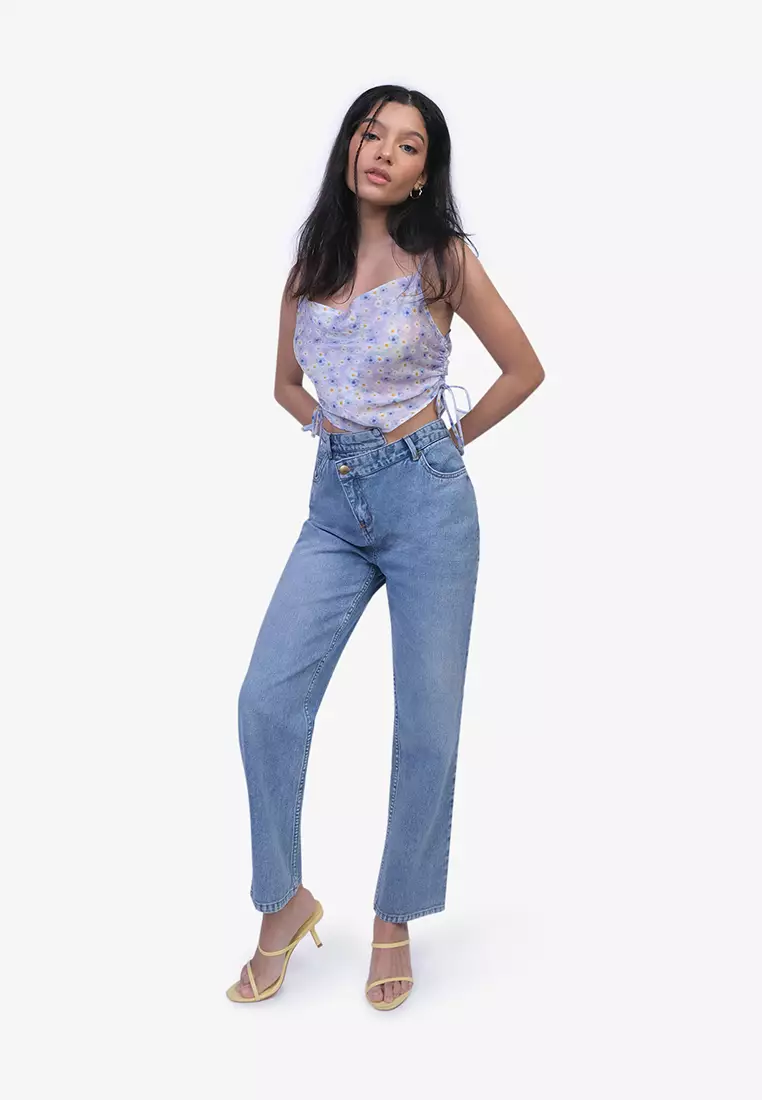 Daisy Print Cowl Neck Crop Top