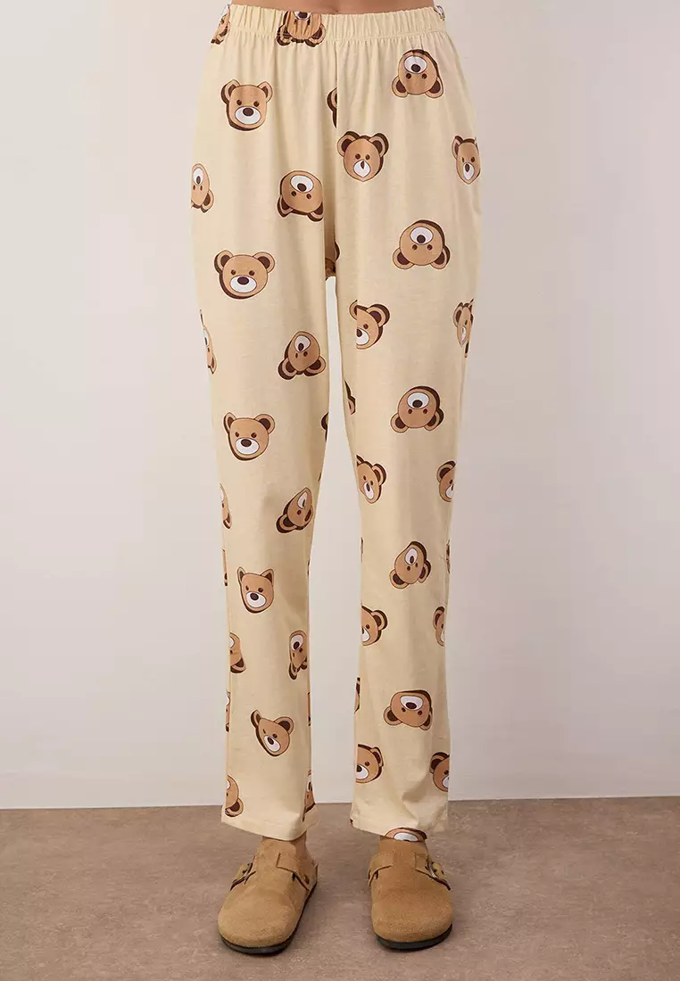 Ecru 100% Cotton Teddy Bear Shirt-Pants Knitted Pajama Set