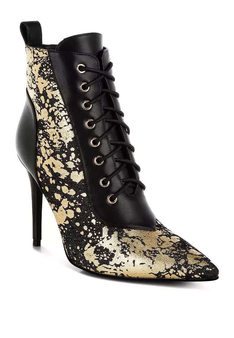 Abstract Pattern Lace-Up Ankle Boots in Black