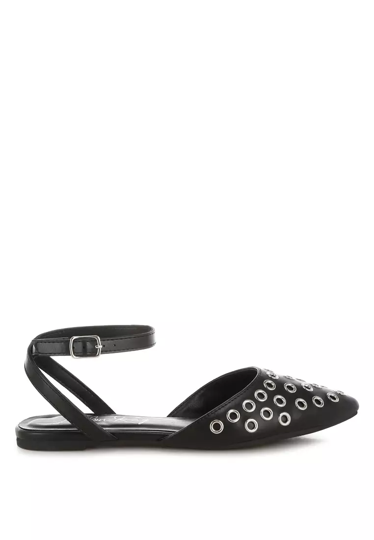 Metallic Eyelet Detail Flat Sandals In Black