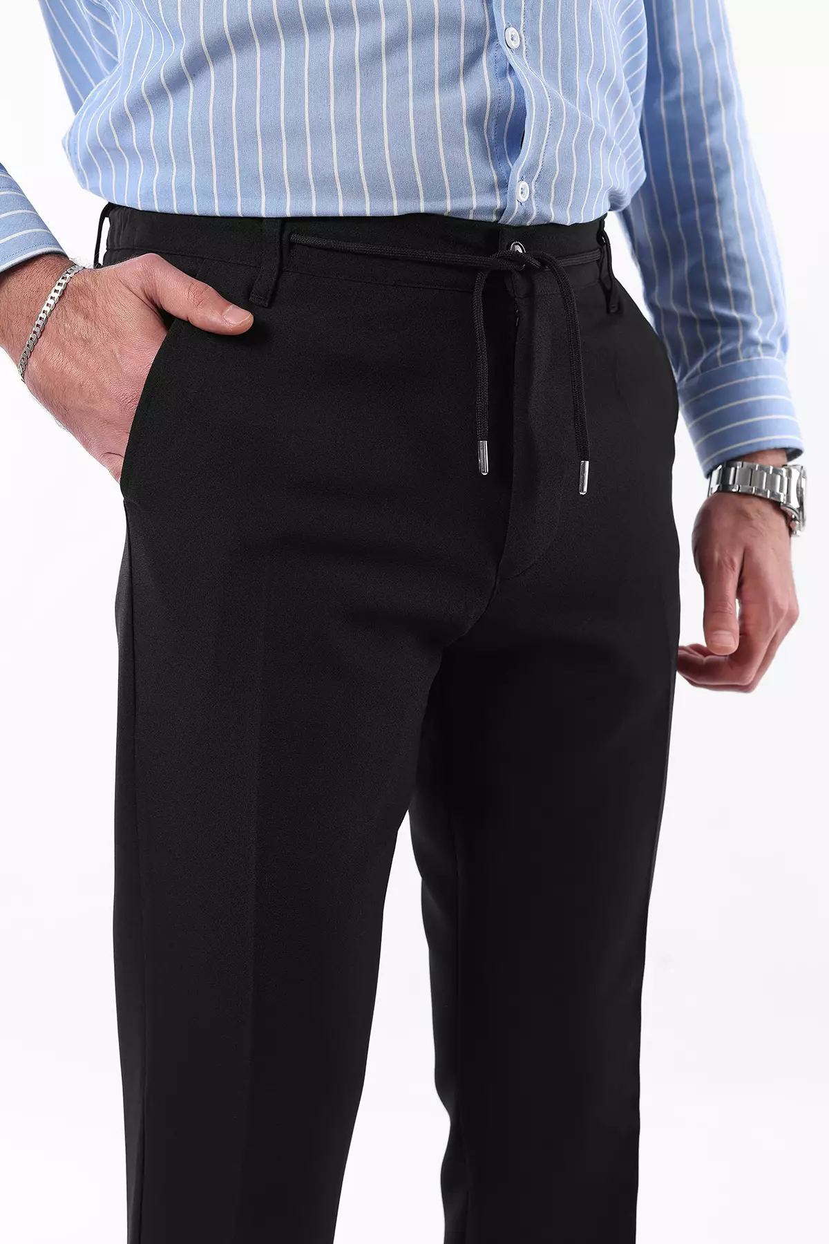 Black Slim Fit Elastic Fabric Woven Trousers With Tie Waist Detail Tmnaw25Pl00027