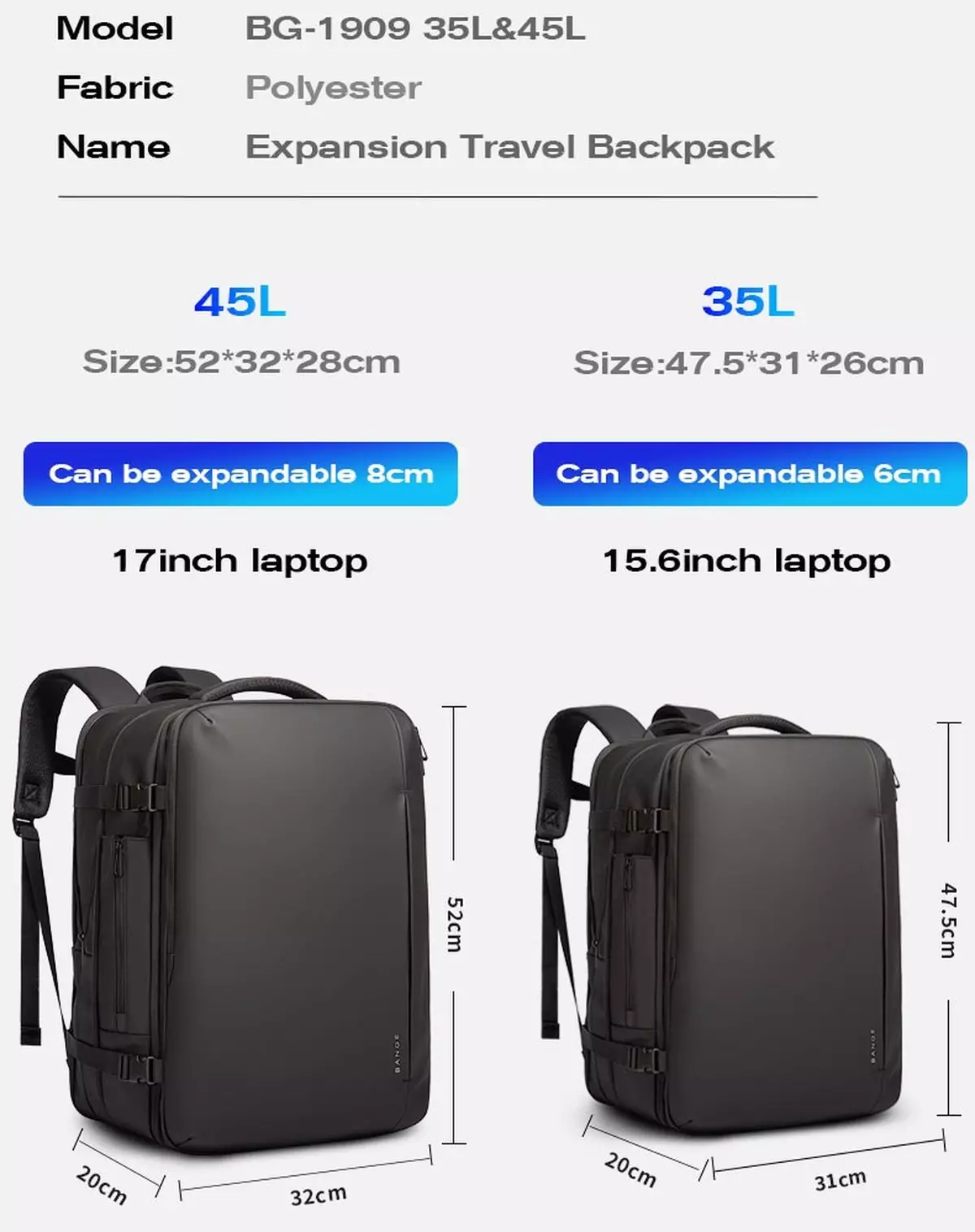 Bange BG1909 Tas Ransel Laptop Backpack Bag Expandable 35L 15.6 Inch