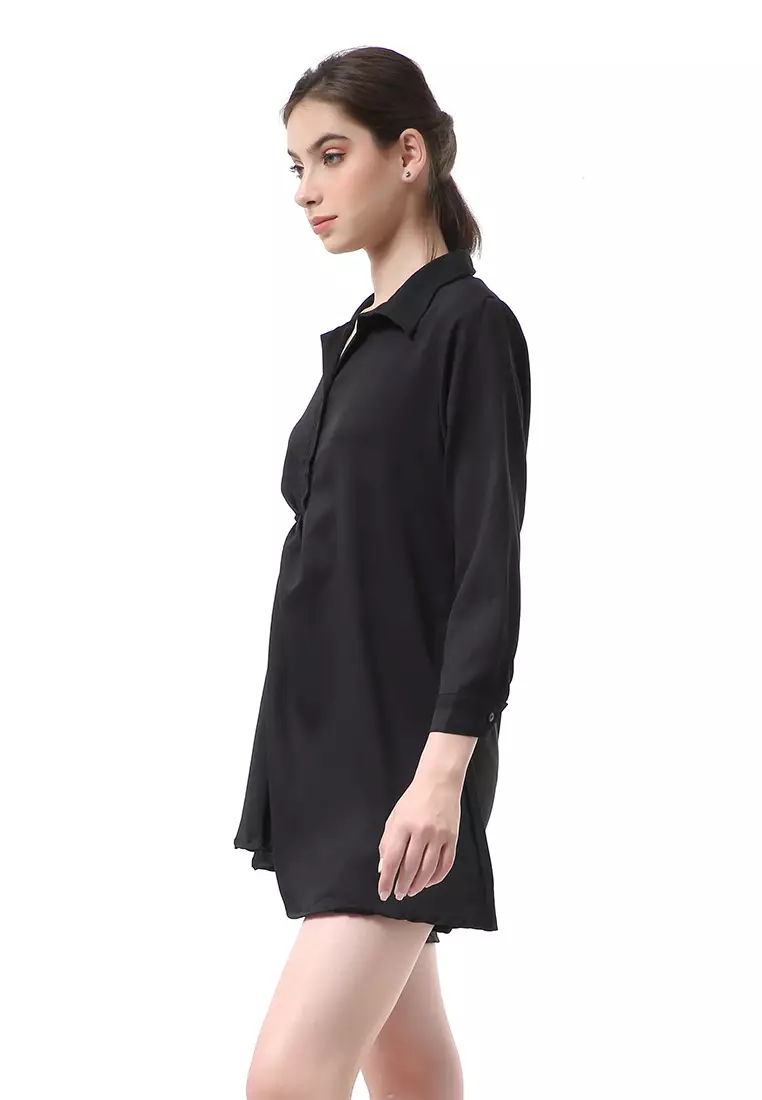 Rachel Mini Dress Wanita Model Kancing Palin Motive lengan Panjang Material Moscrepe ORIGINAL - Black