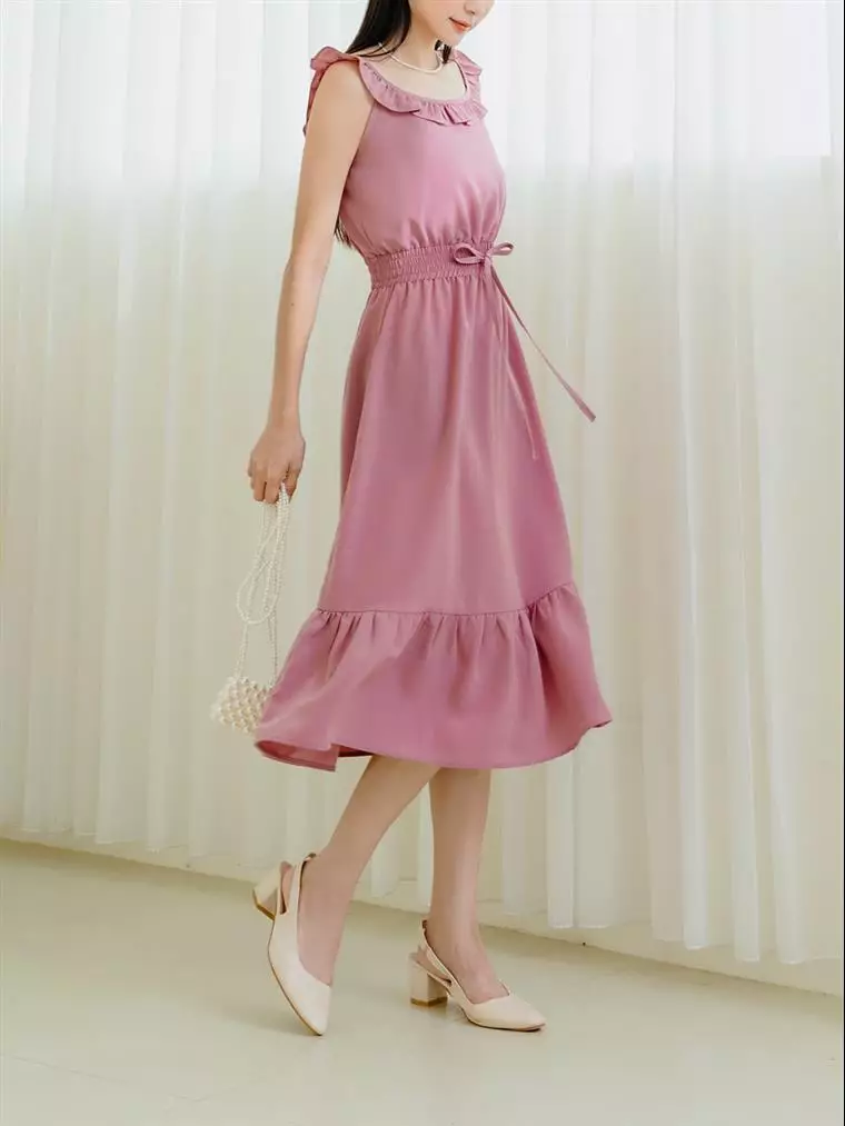 Frill Neck Tie Waist Long Dress [DA9764]