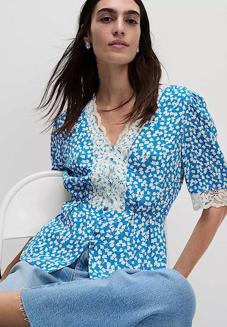 Floral Lace Detail V-Neck Blouse