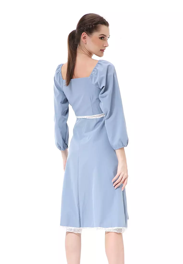 Rachel Dress Retro Vintage Wanita Long Sleeve Simple Elegan Material Cotton ORIGINAL - Sky Blue