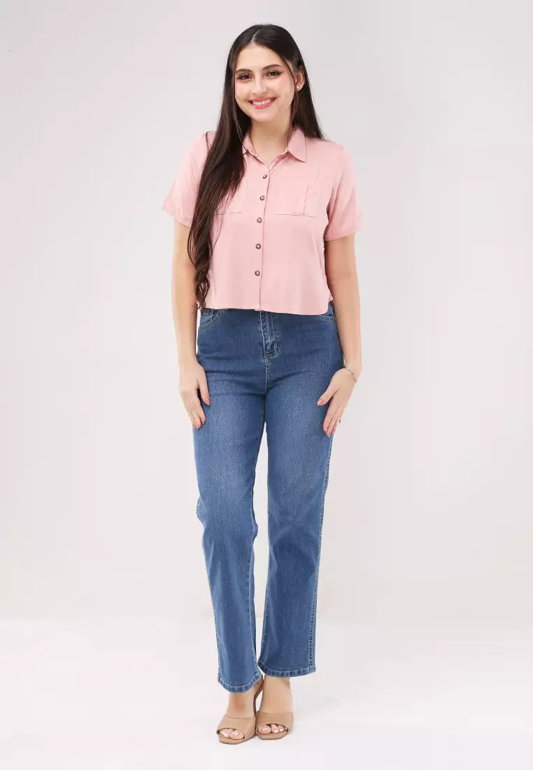 Single Twill Woven Short Sleeves Blouse