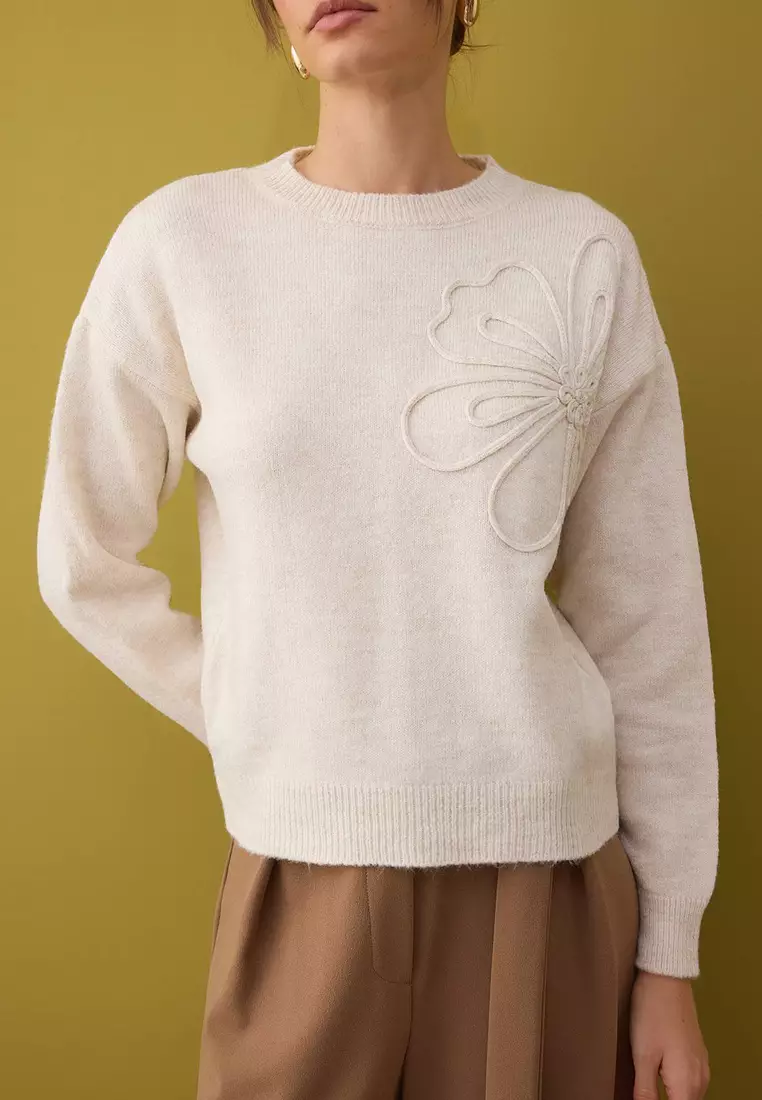 Stone Soft Textured Floral Patterned Knitwear Sweater Twoaw26Kz11