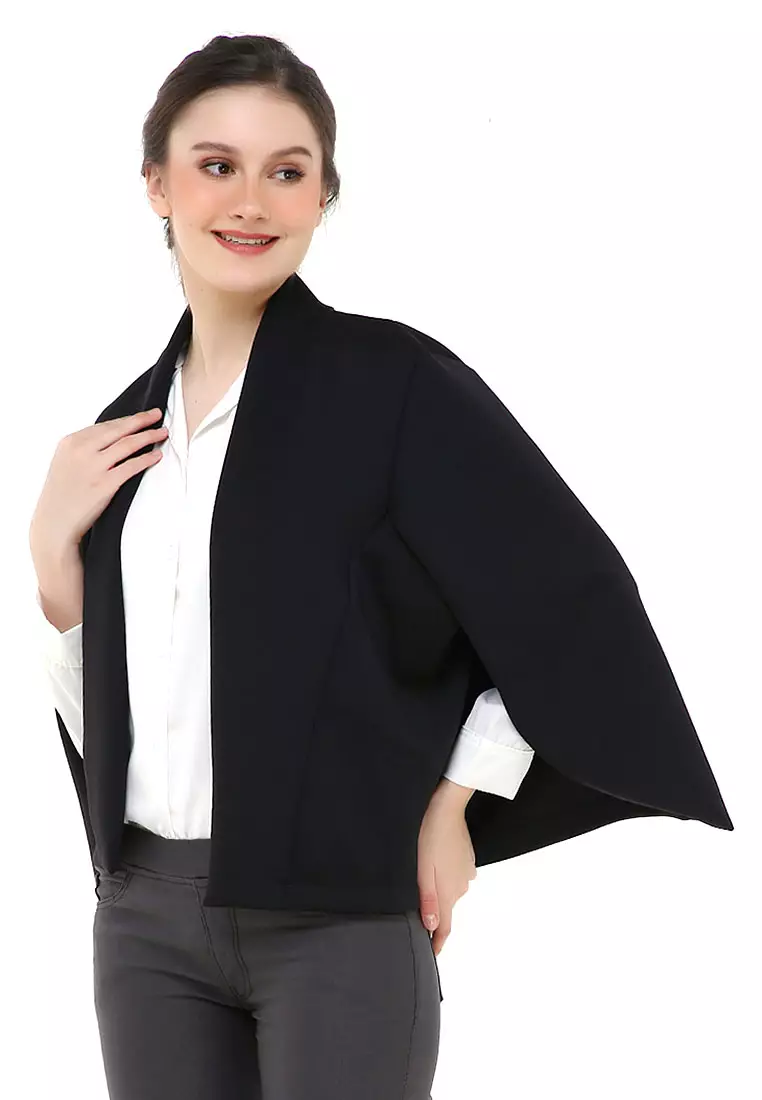 Qemsya Jas Wanita Cape Blazer Casual Plain Outer Material Scuba ORIGINAL - Black