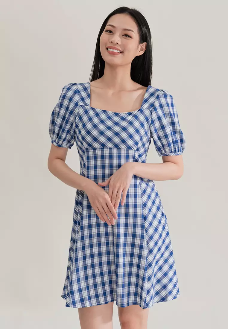 Plain B. Plain B. Square Neckline Plaid Mini Dinner Dress Blue