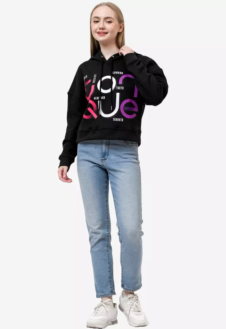 TONIQUE Wanita Crop Hoodie Katun Fleece Hitam MIA Womens Regular Fit Cotton Fleece Crop Hoodie Black