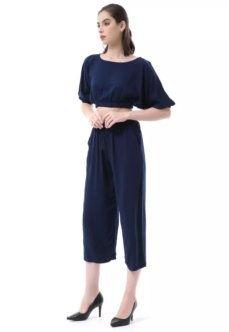 Nayra One Set Setelan Wanita Atasan Crop Lengan 3/4 Celana Kulot Material Rayon ORIGINAL - Navy