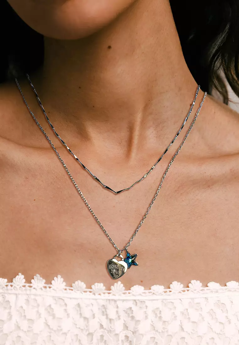 Solid 925 Sterling Silver Heart-Shaped Pendant and Bermuda Blue Necklace Embellished with Crystals from SWAROVSKI®