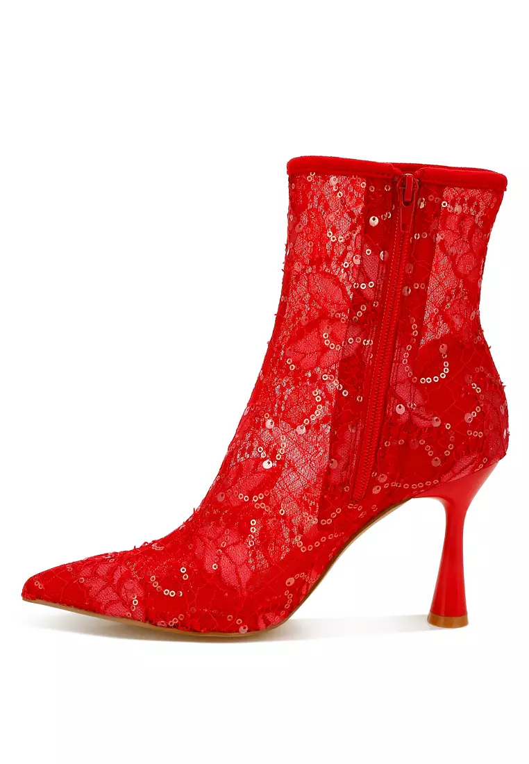 Sequin Lace Boots in Red