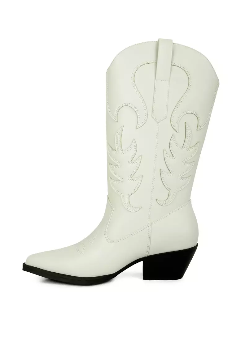 Ecru Embroidered Block Heel Cowboy Boots