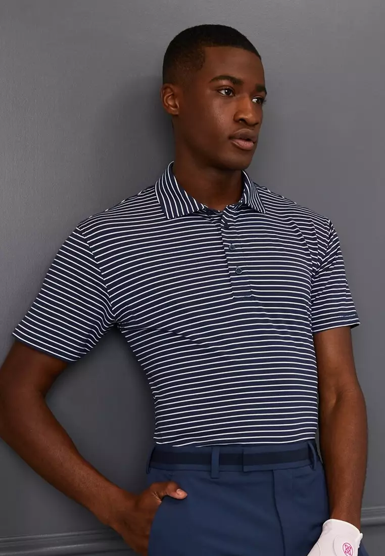 G/Fore Men's Perforated Multi Stripe Tech Jersey Rib Collar Slim Fit Polo