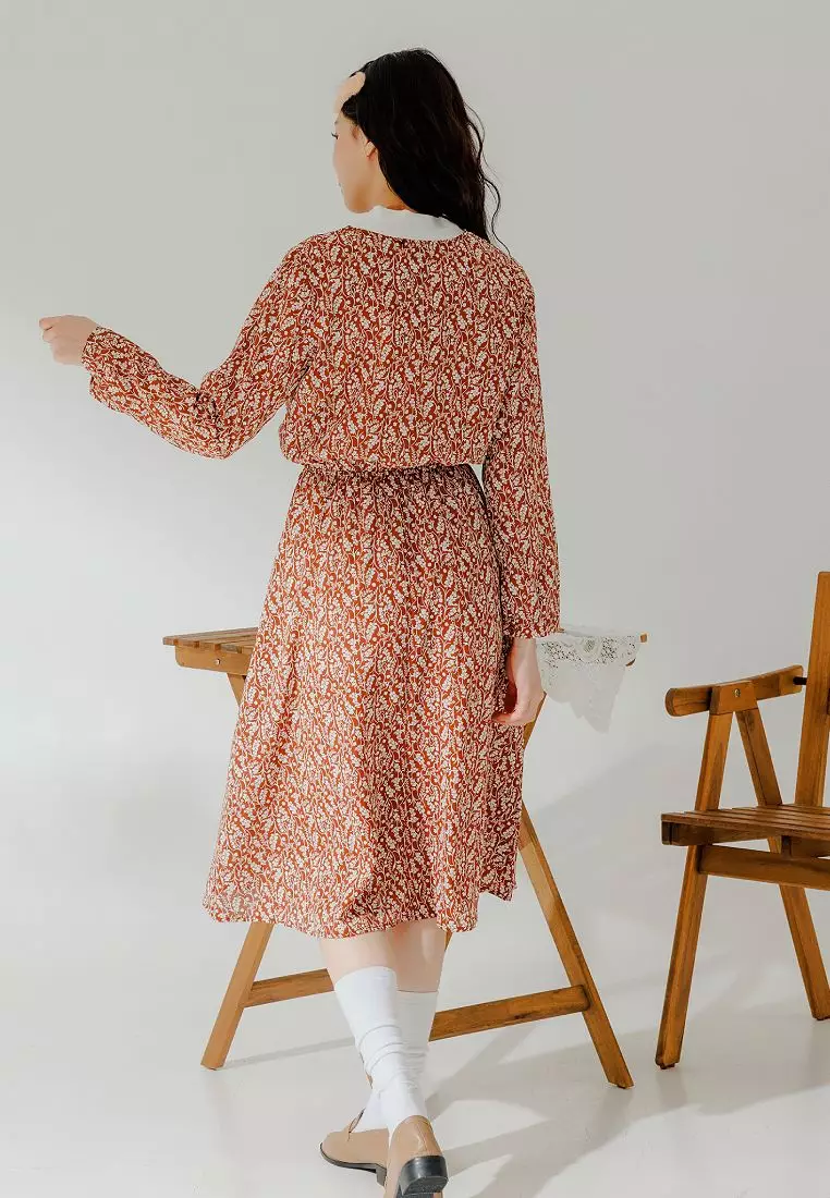 Vintage Floral Elastic Waist Chiffon Maxi Dress [DA9941]
