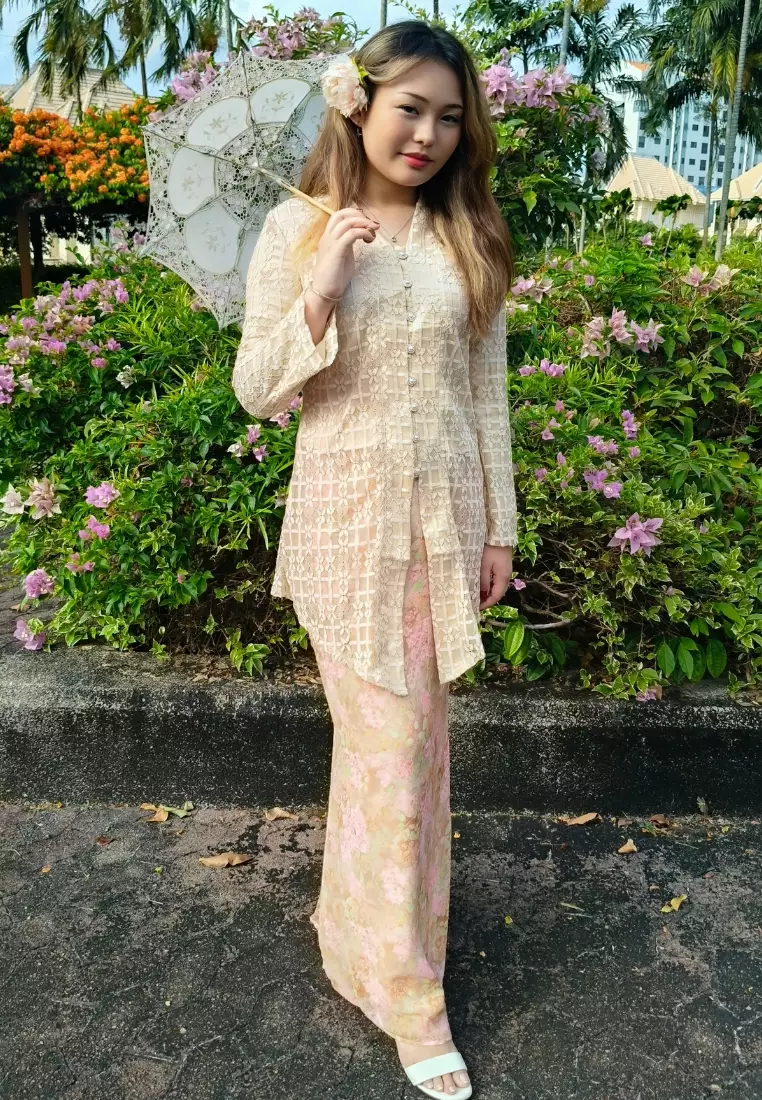 Loveaisyah Beige Checkered Lace Kebaya Top & Floral Chiffon Skirt Hari Raya