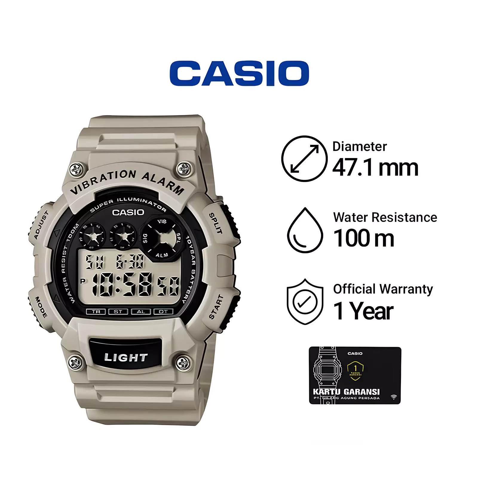 Casio Vibration Alarm - Jam Tangan Digital Pria - Beige Resin Band - W-735H-8A2