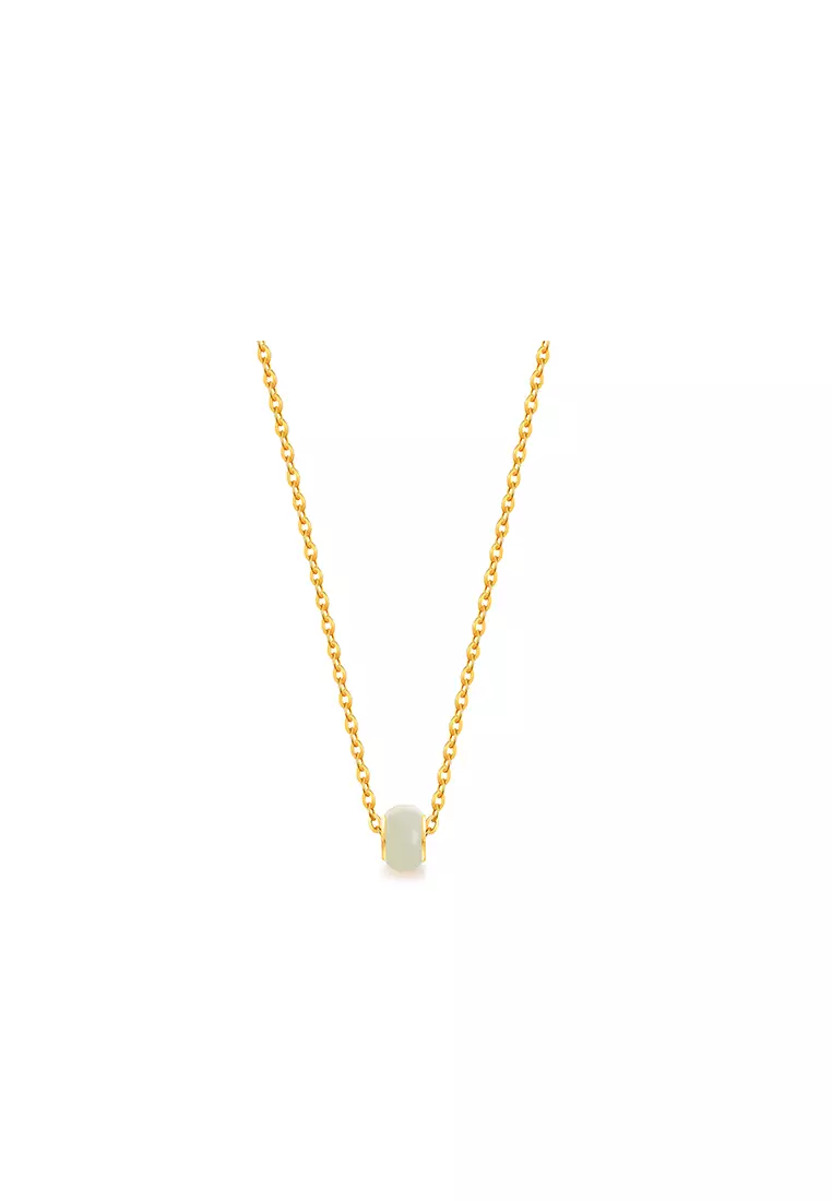 999.9/24K Gold Foil Inlaid White Jade with 375/9K Gold Polo Chain Necklace Set J1