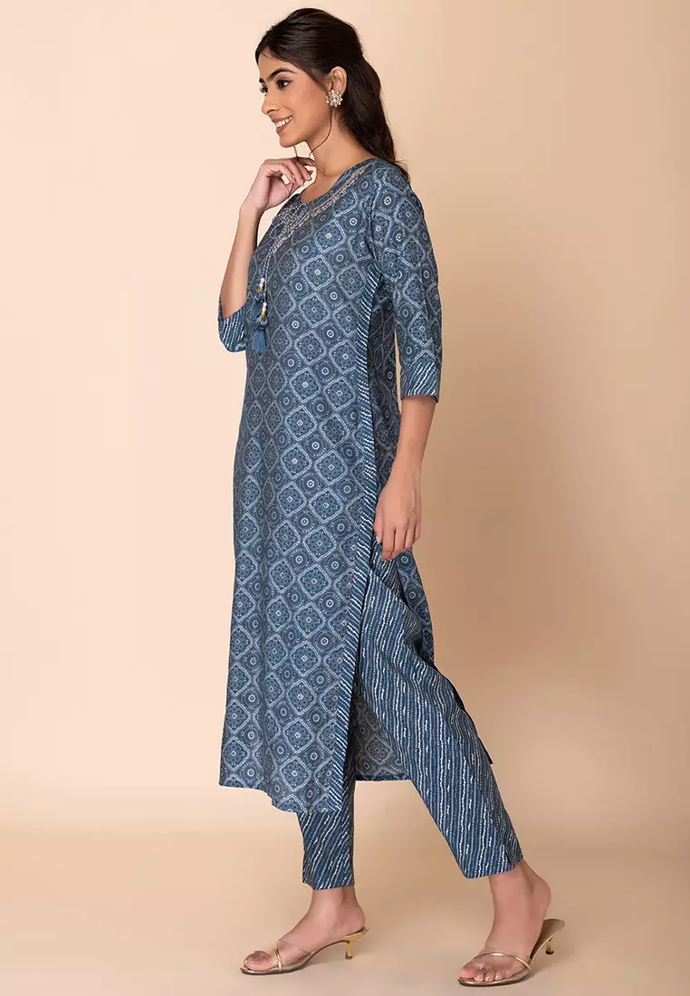 Buy Indya Blue Bandhani Print Embroidered Muslin Kurta With
