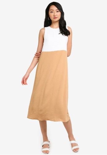 Jual Trendyol White Camel Color Block Midi Dress Original Zalora Indonesia