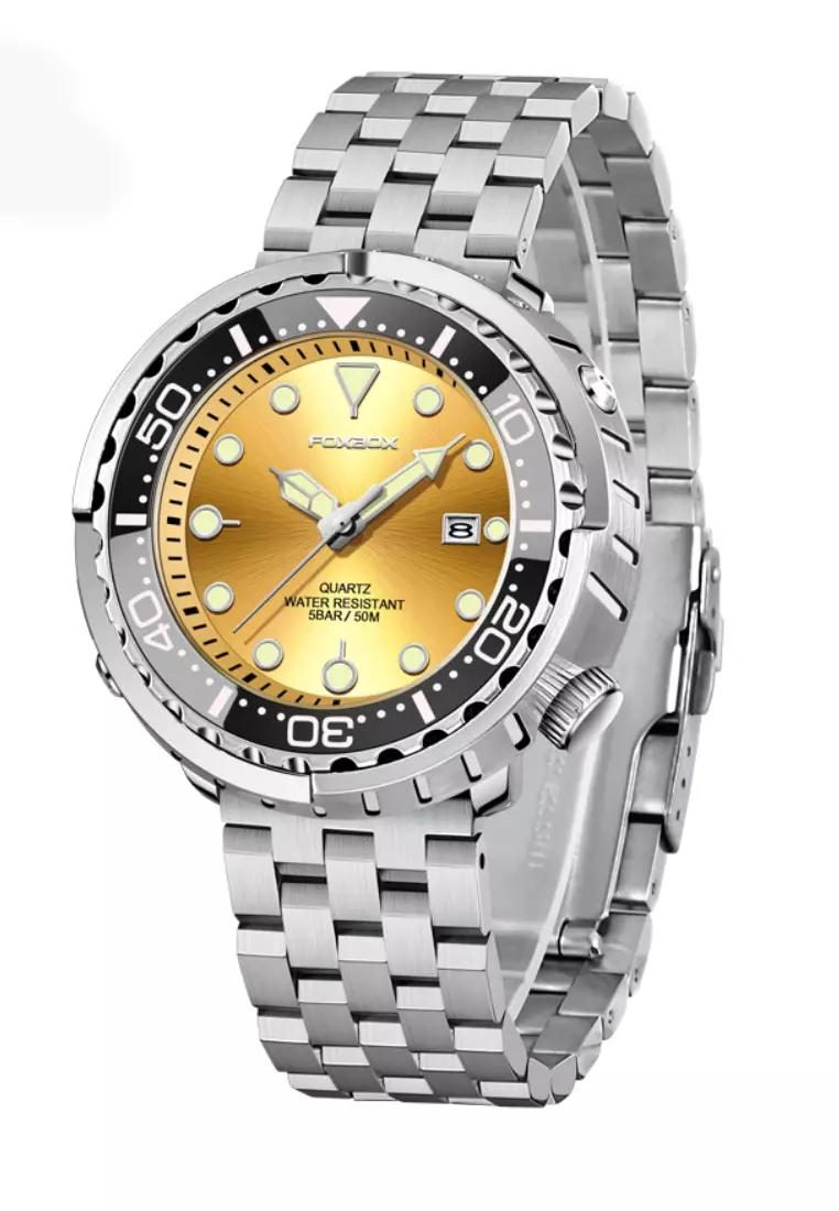 Buy LIGE FOXBOX Unisex Stainless Steel Diver's Quartz Watch, Gold Dial ...