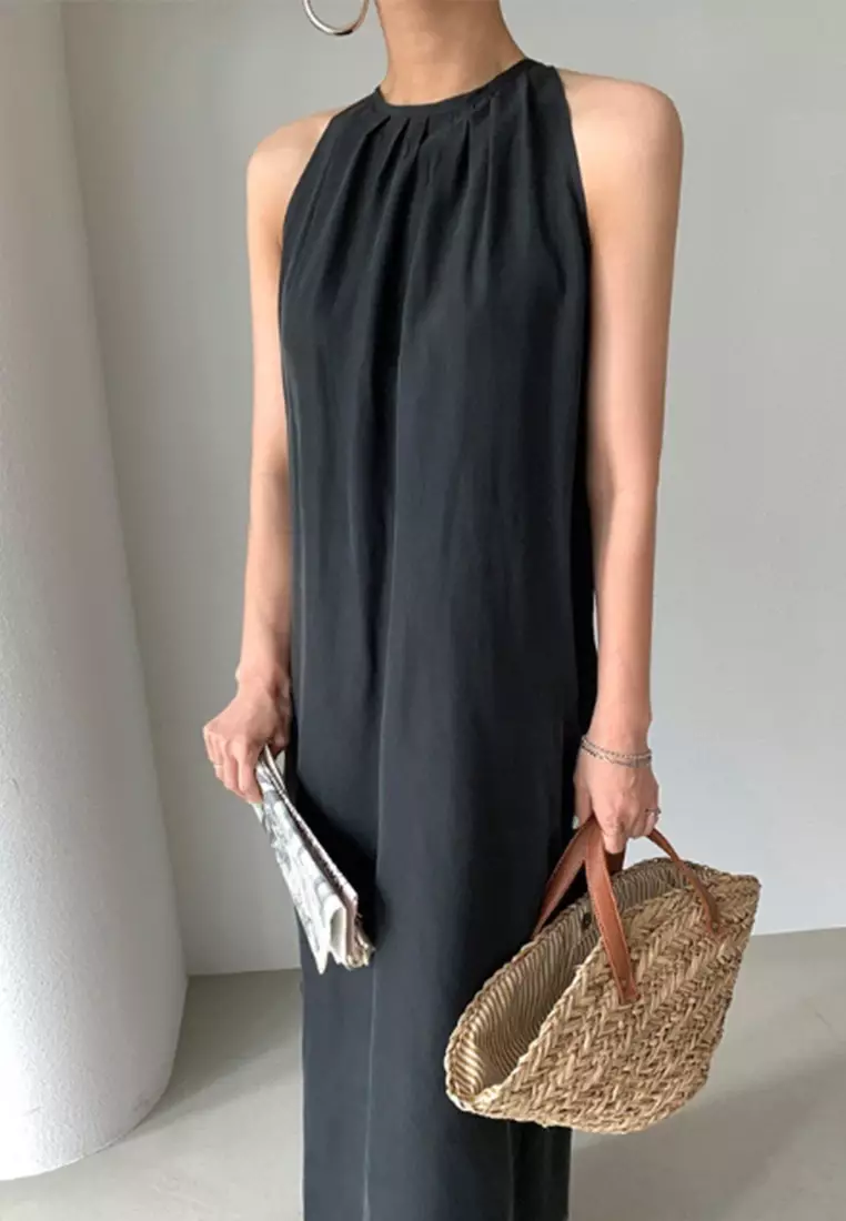 2025 minimalist lace up waist cinching slit dress CA25032720BK