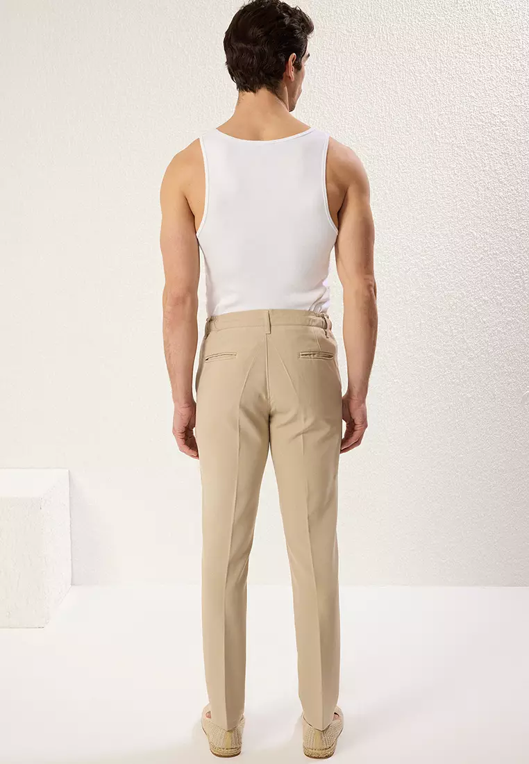 Stone Slim Fit Waist Tie Detail Elastic Fabric Woven Trousers