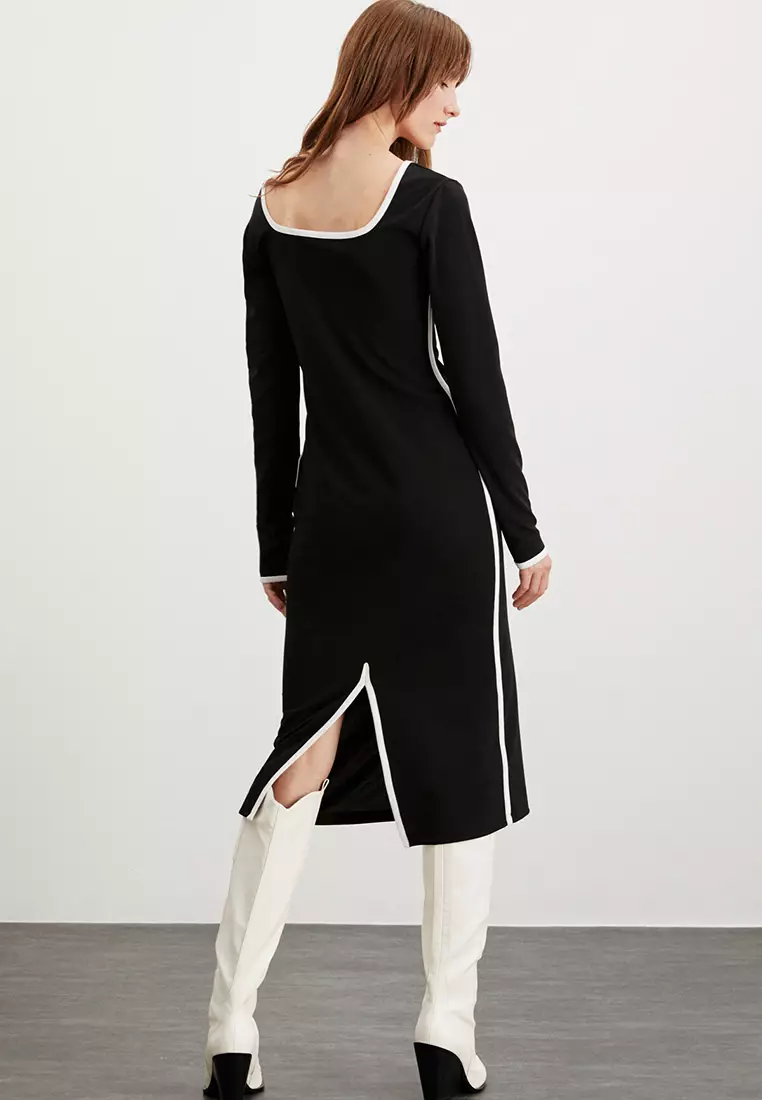 Mirabel Heart Collar Stretchy Crepe Knitted Fabric Fitted Midi Dress