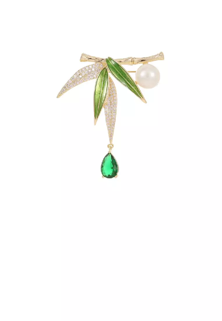 Buy Glamorousky Fashion Temperament Plated Gold Bamboo Imitation Pearl  Brooch with Green Cubic Zirconia 2023 Online