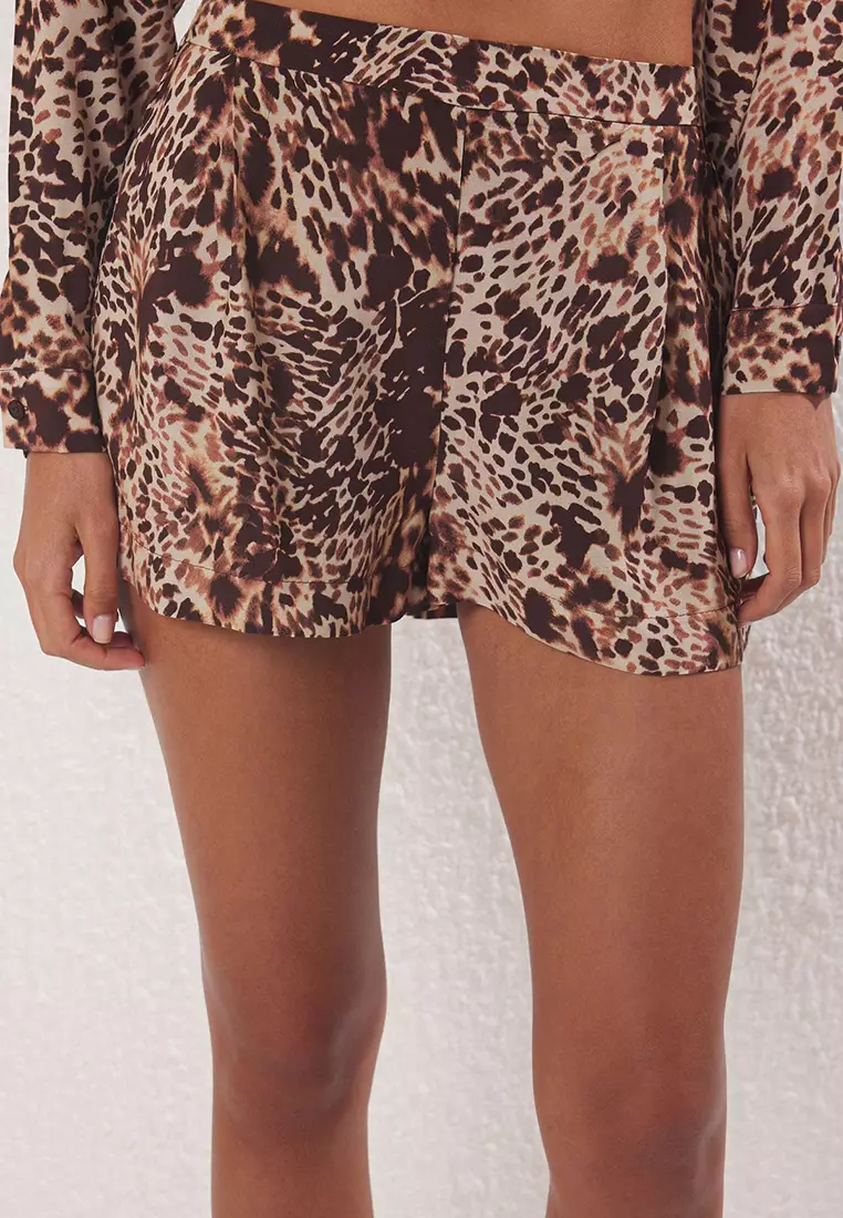 Snake Pattern Woven Shirt Collar Binding Detail Beach Shorts Set Tbess25Au00084