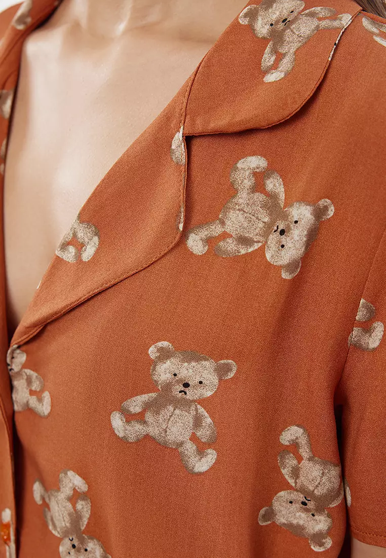 Cinnamon Bear Patterned Viscose Shorts Woven Pajama Set THMSS24PT00067