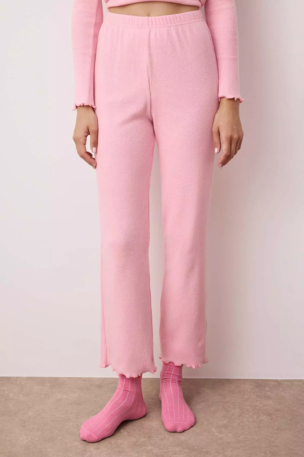 Pink V Neck Baby Overlock Soft Tuuse Brushed Winter Rib Knitted Pajamas Set
