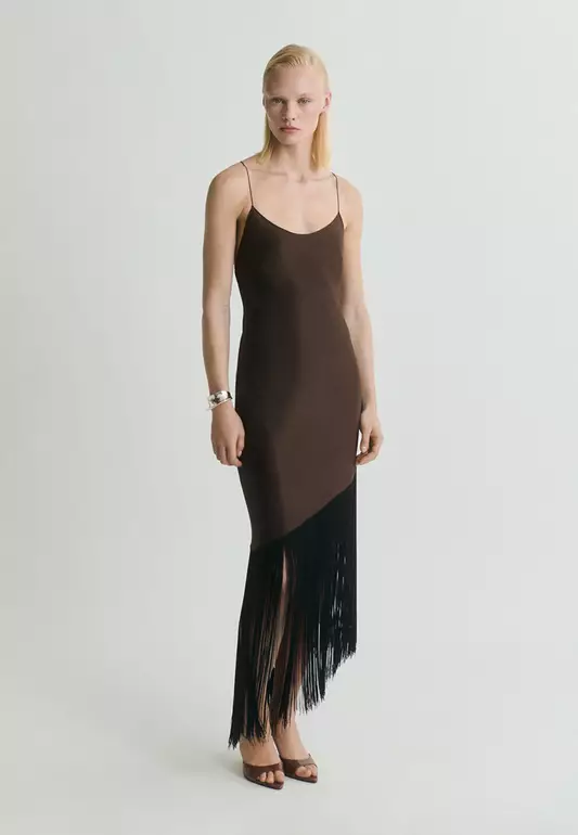 Asymmetrical Satin Dress With Fringes