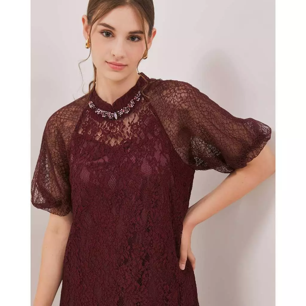 Urban Exchange Jane Magenta Dress / Midi Dress Brokat Festive Natal Warna Purple