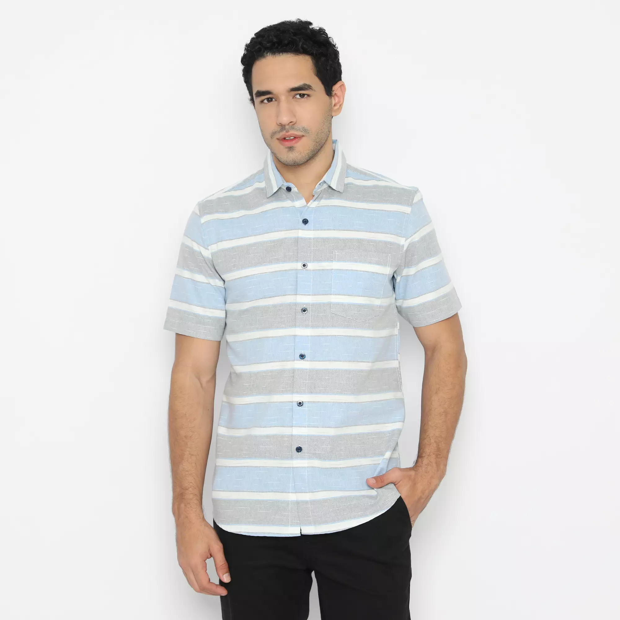 Platini Kemeja Motif Salur Pria Lengan Pendek Katun Biru 73265