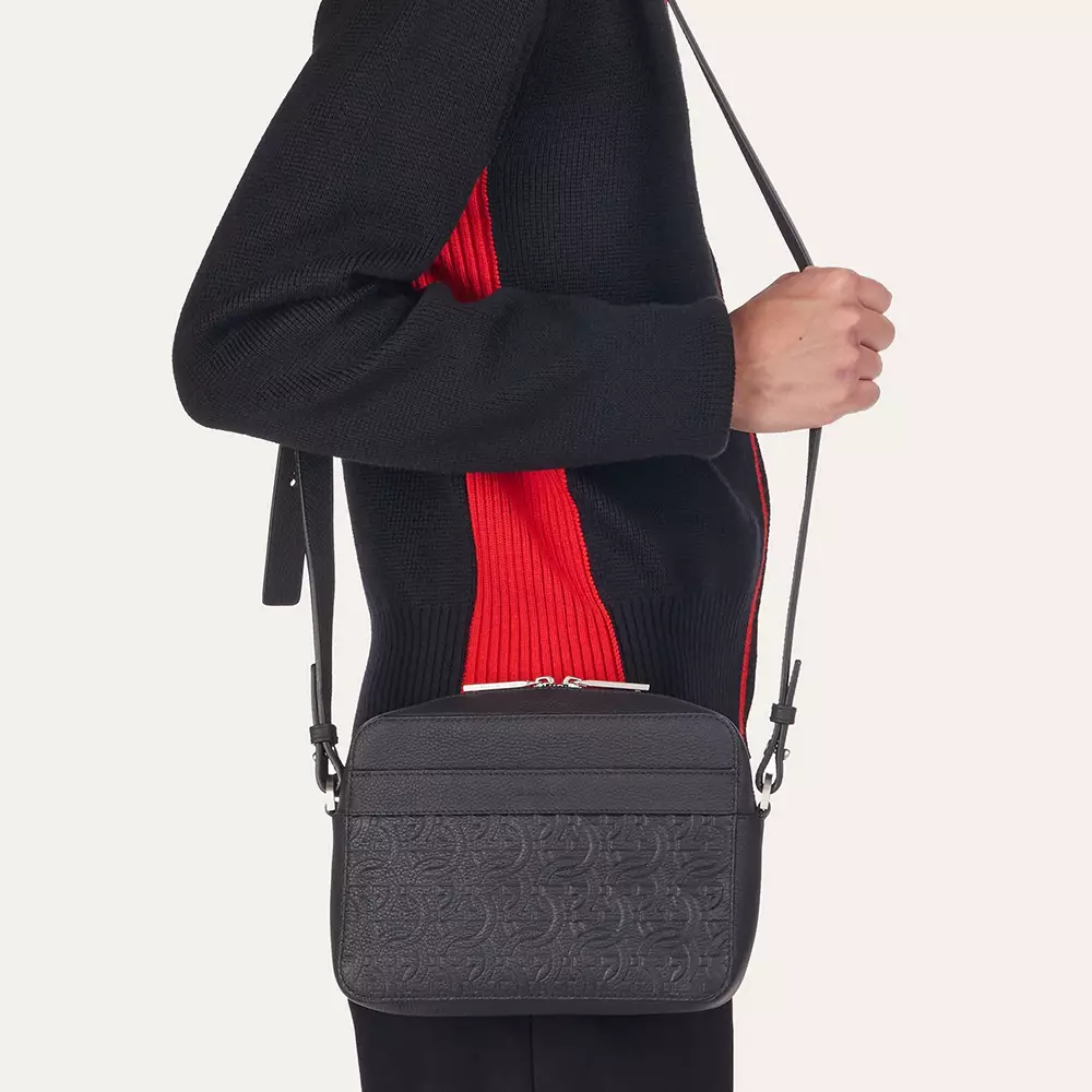 Gancini Embossed Leather Camera Bag Black