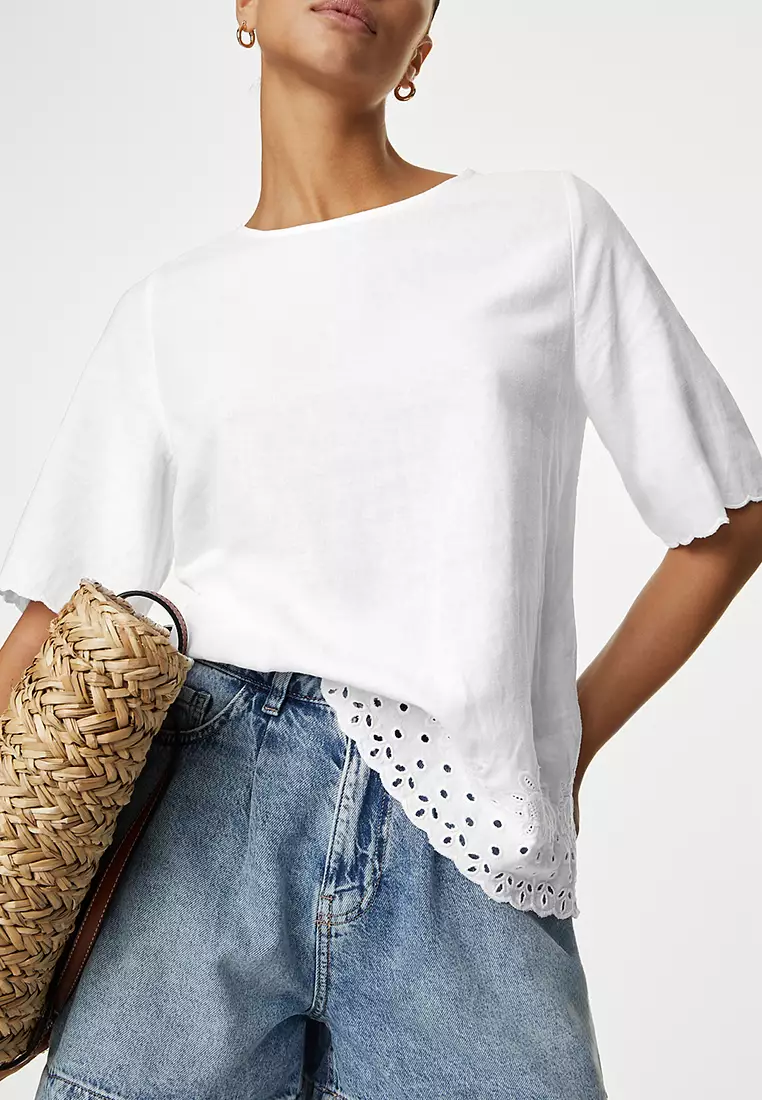 Linen Rich Broderie Regular Fit Top