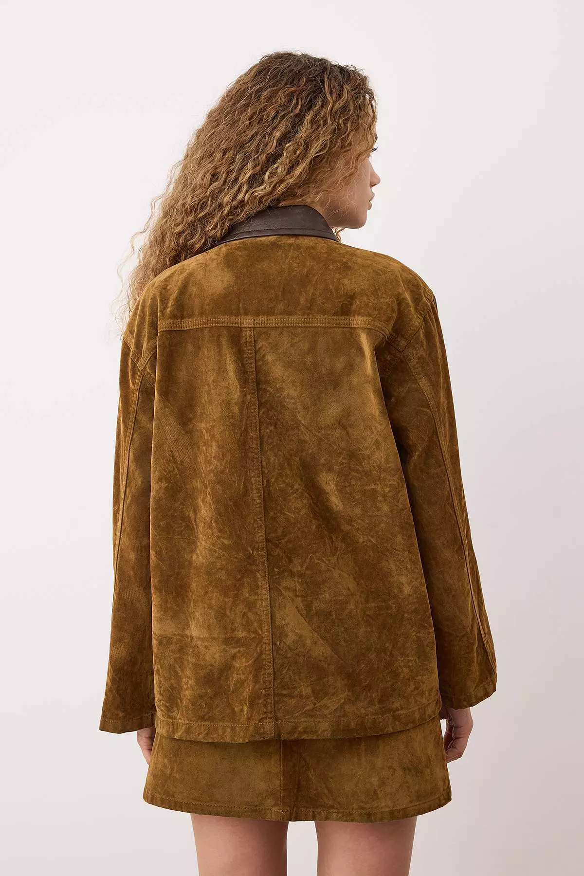 Camel Collar Leather Detailed Suede Look Oversize Denim Jacket