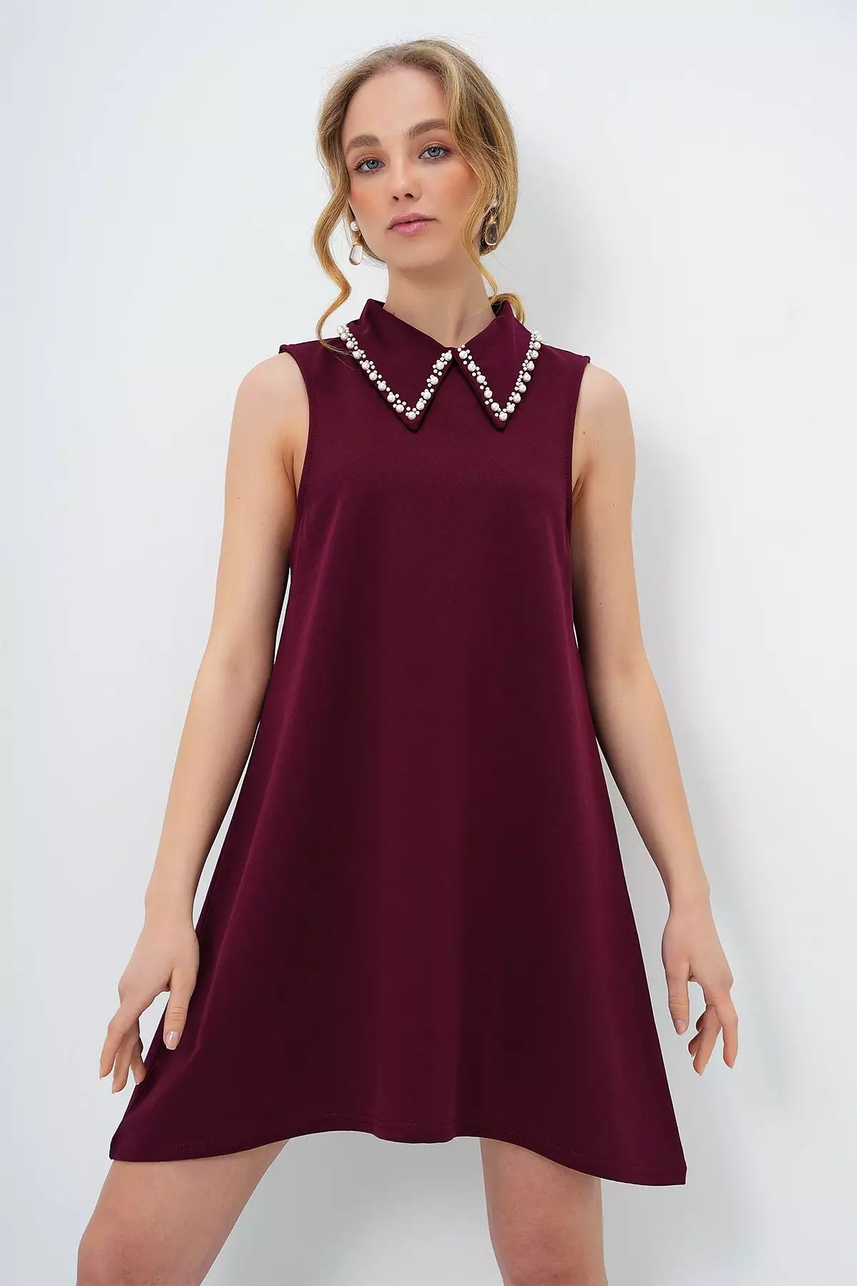 Women's Plum Faux Pearl Collar Sleeveless Basic Dress