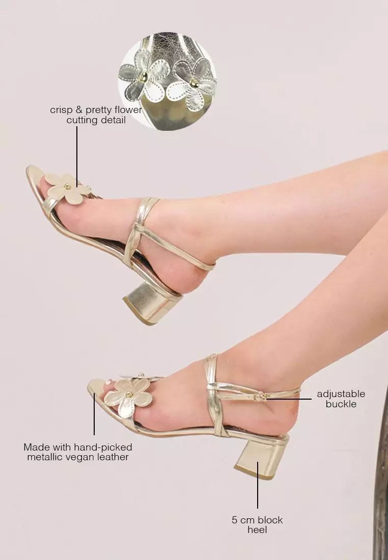 Daisy Block Heels Bunga Metalik Metallic Leather Hak Kotak High Heels Pesta