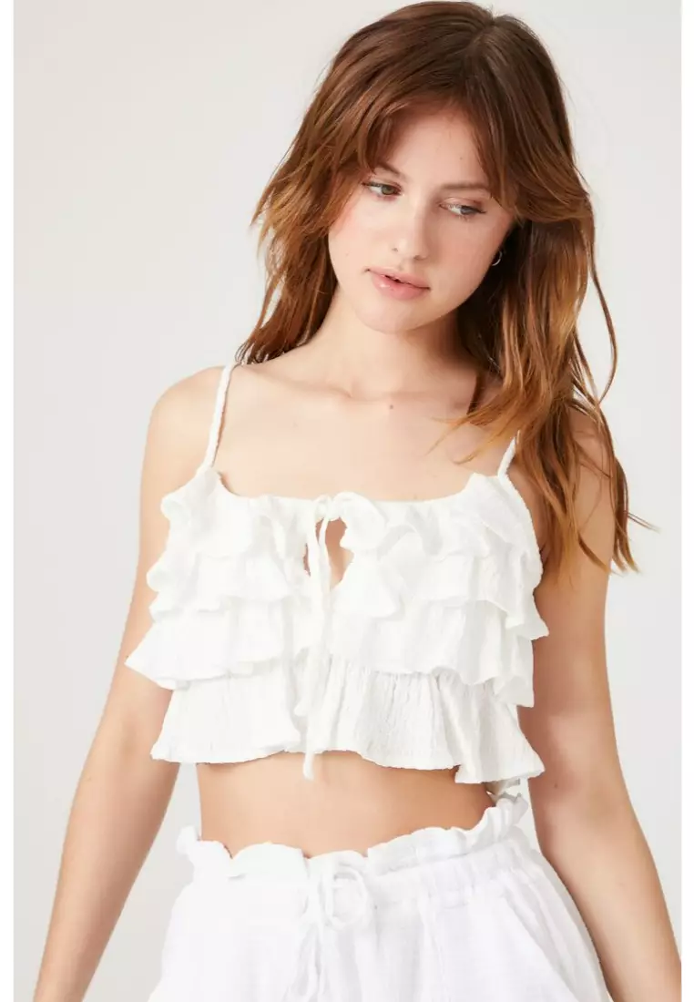 White Tiered-ruffle Knot Solid Crop Cami Top