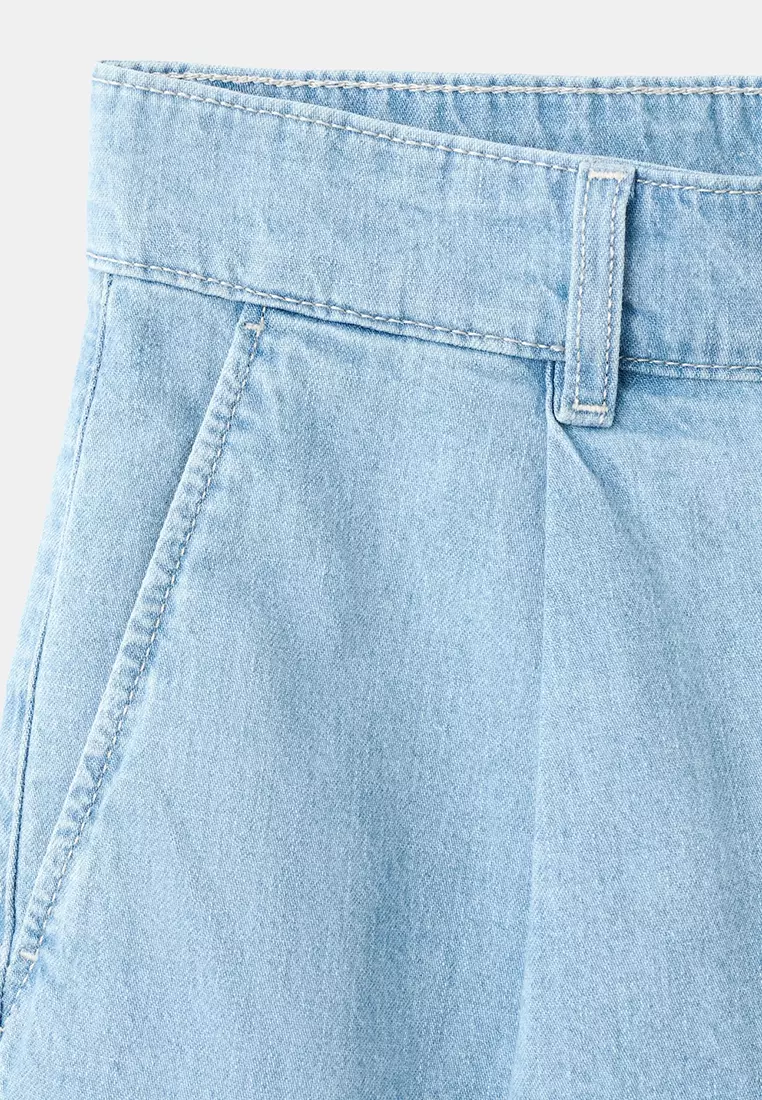 Mid-Rise Denim Bermuda Shorts With Pleats